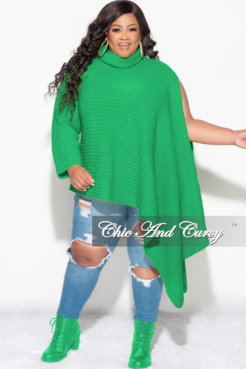 Final Sale Plus Size One Shoulder Turtleneck Poncho in Kelly Green