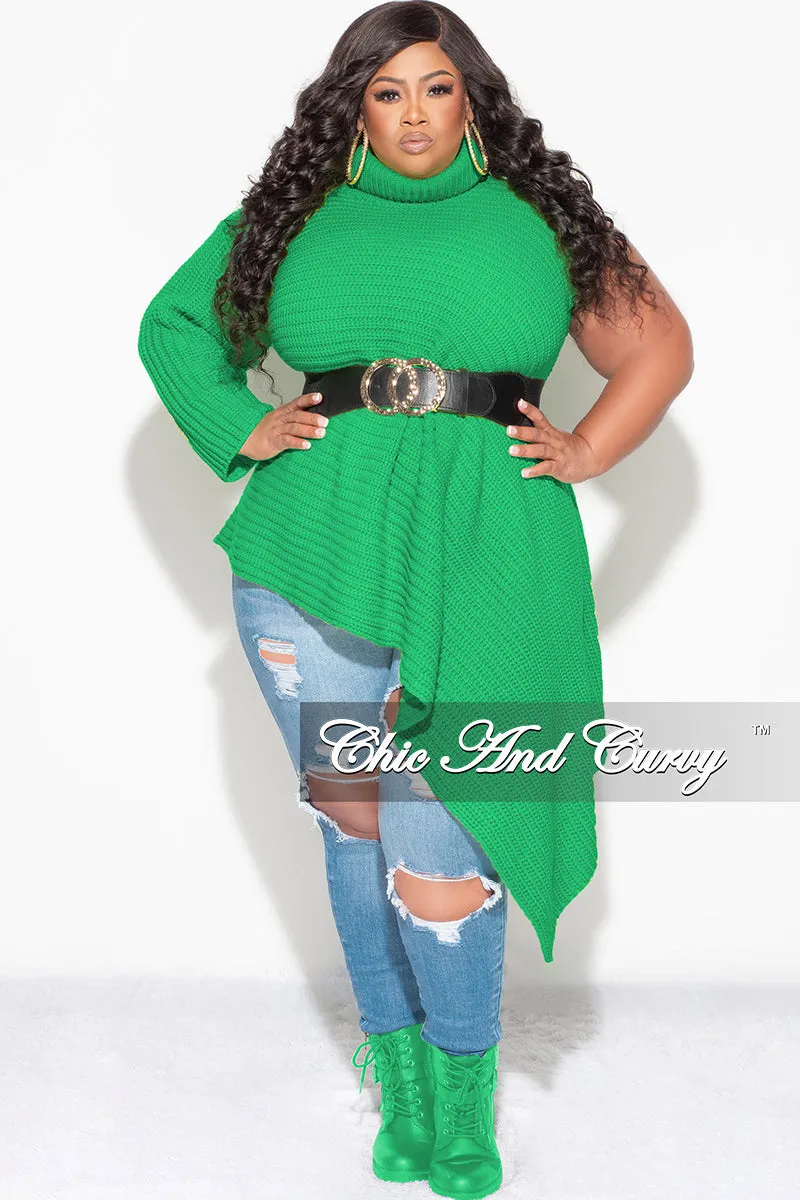 Final Sale Plus Size One Shoulder Turtleneck Poncho in Kelly Green