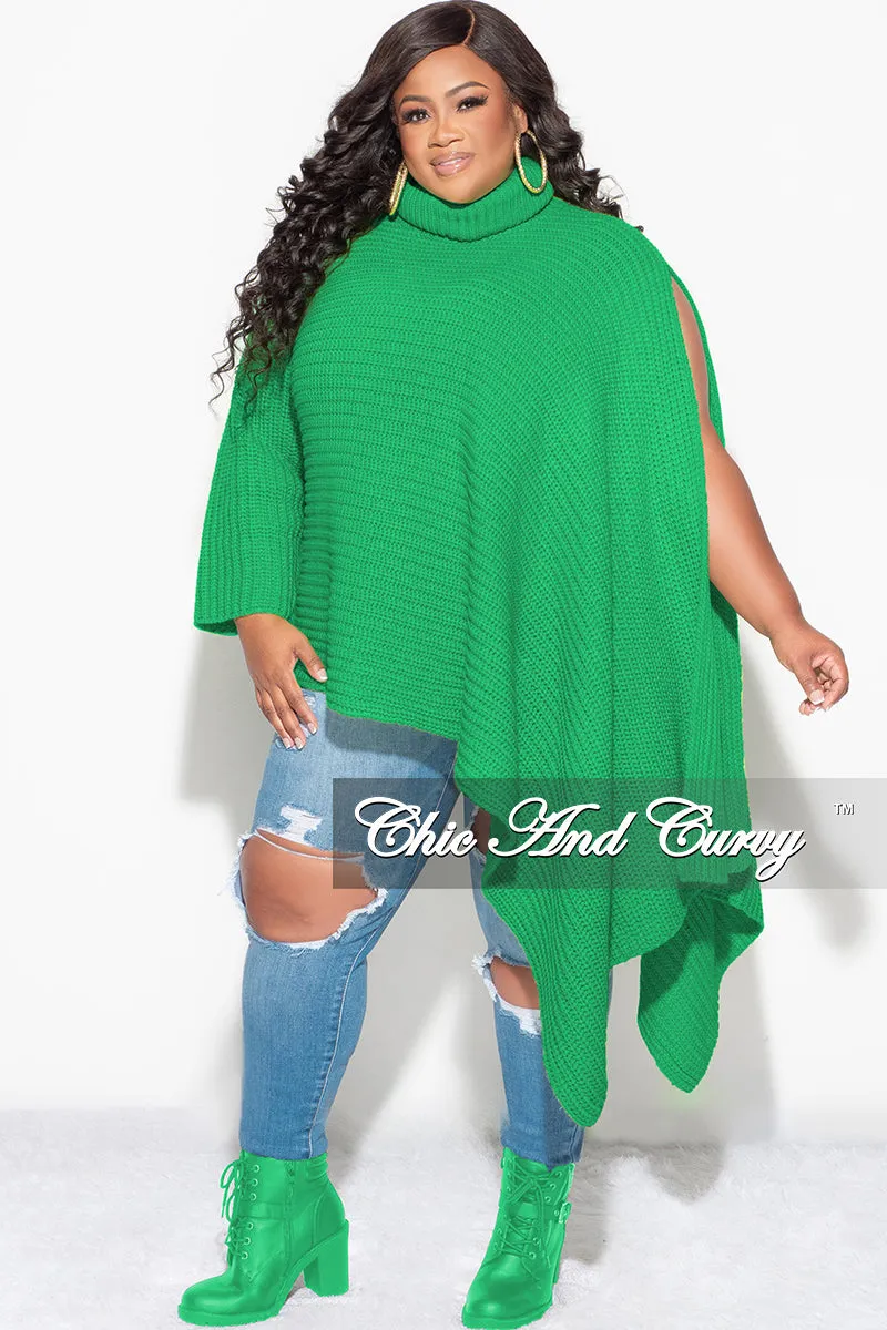 Final Sale Plus Size One Shoulder Turtleneck Poncho in Kelly Green