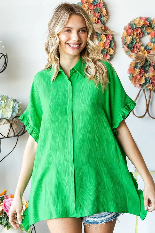 First Love Solid Color Crinkle Texture Top in Green