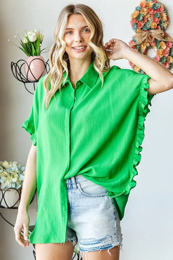 First Love Solid Color Crinkle Texture Top in Green