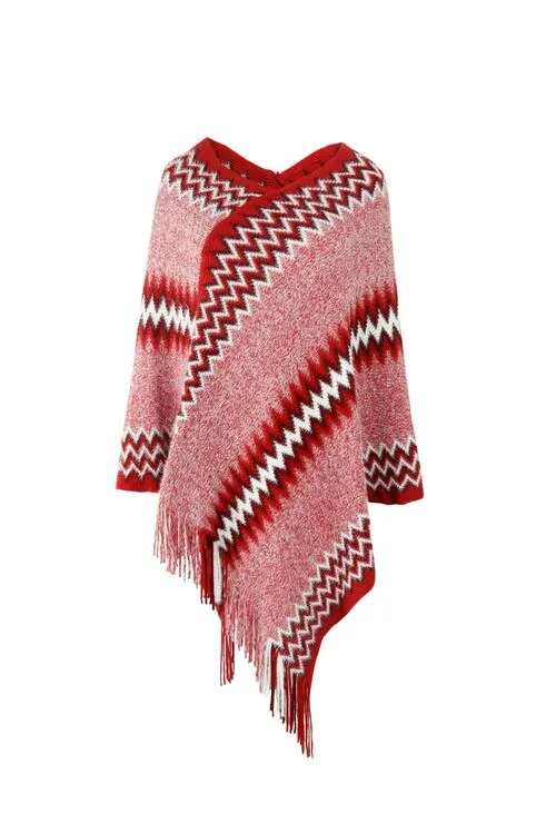 Fringe Hem Striped Cape Sleeve Poncho