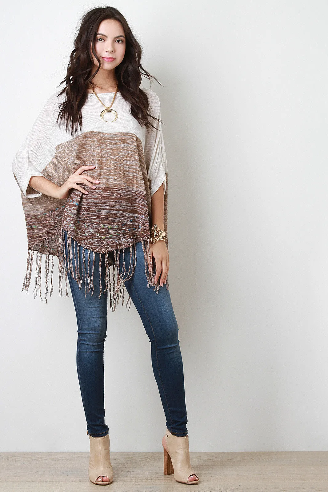 Fringed Hem Multi-Tone Knit Poncho Top