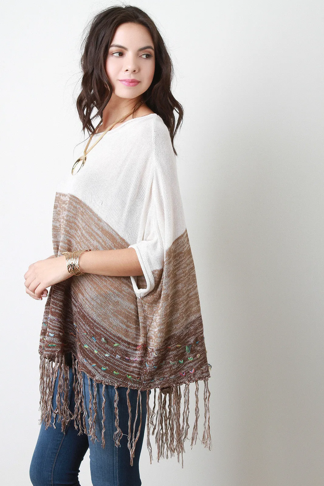 Fringed Hem Multi-Tone Knit Poncho Top