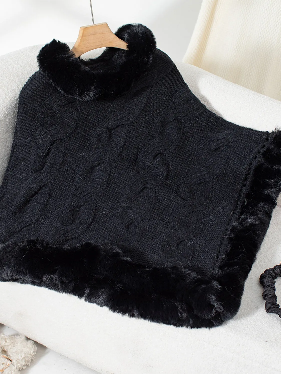 Fuzzy Hem Cable-Knit Poncho