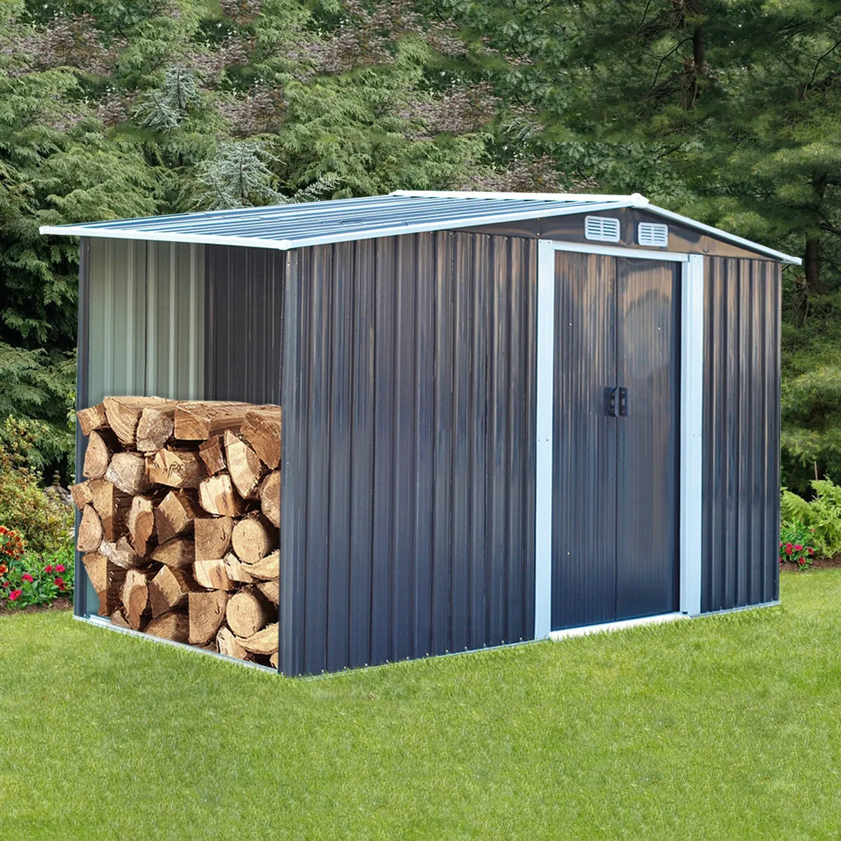 Garden Steel Shed Gable Roof Top with Firewood Storage