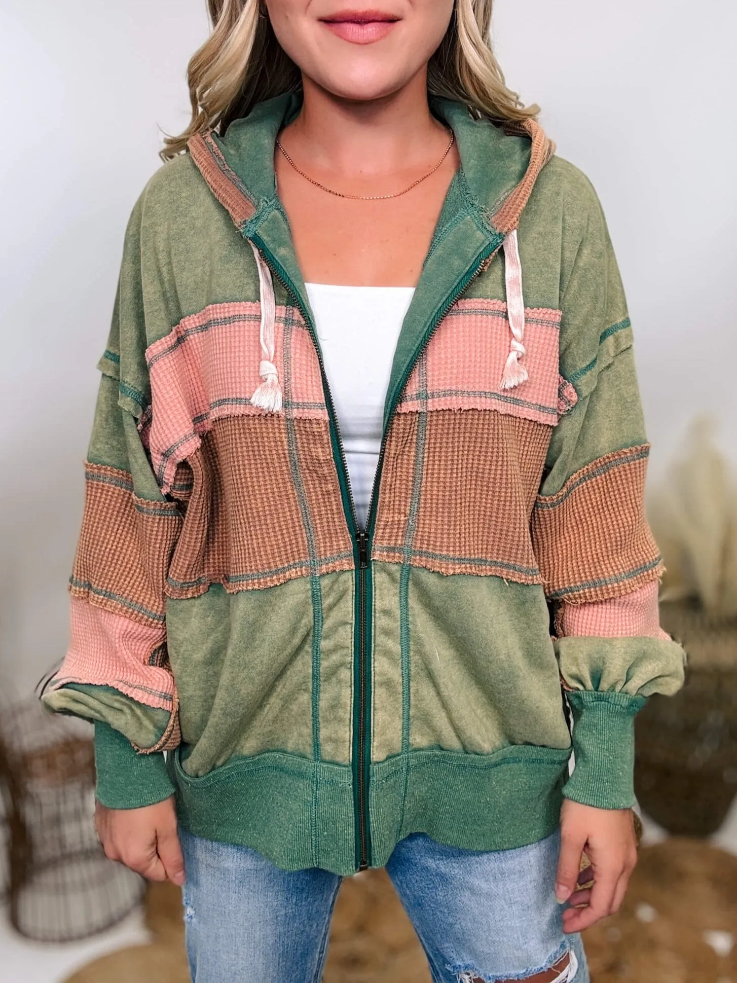 Green, Pink   Camel Colorblock Zip Up Hoodie by Oli & Hali