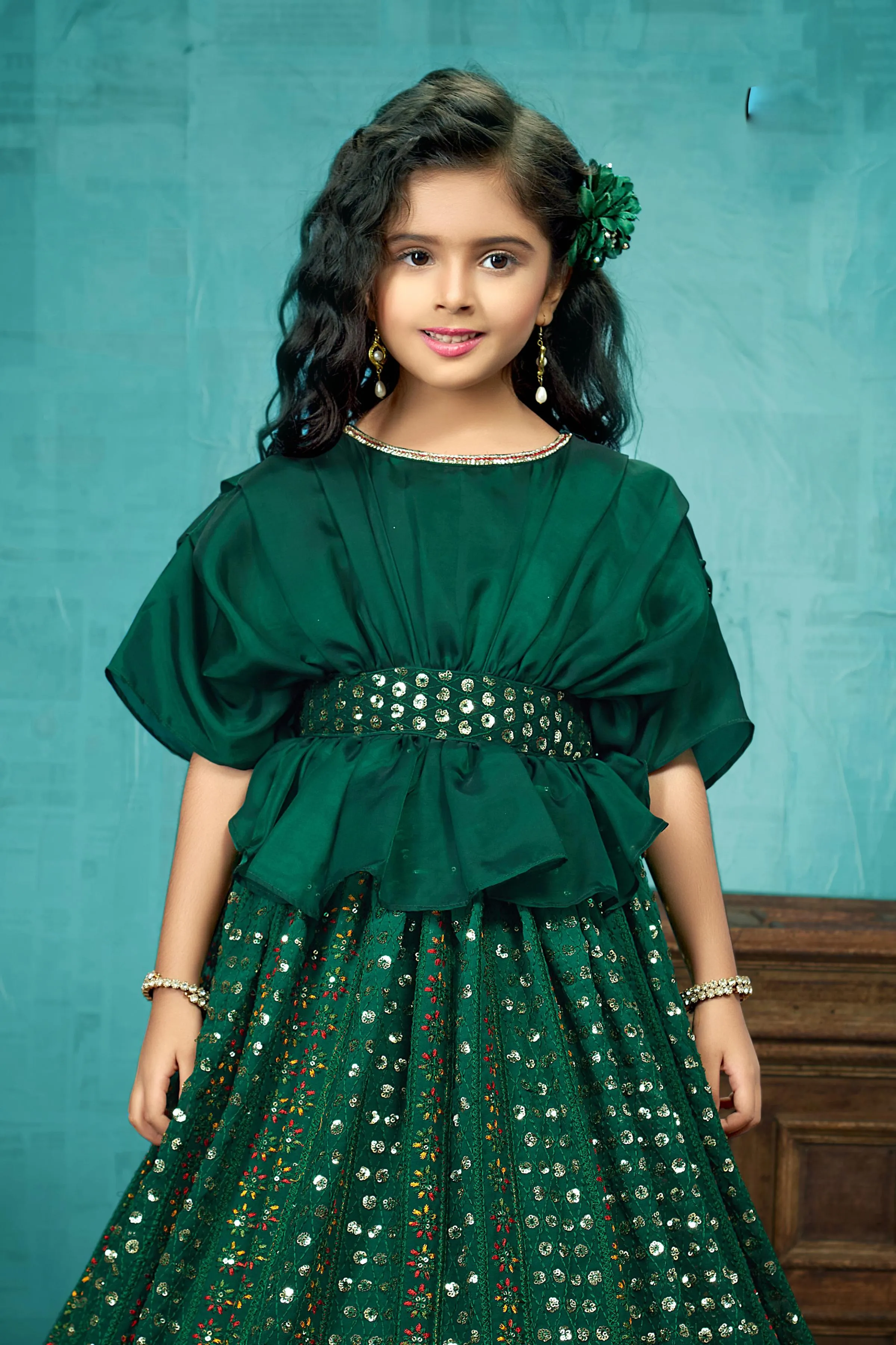 Green Thread, Stone and Sequins work Poncho Style Floor Length Gown for Girls