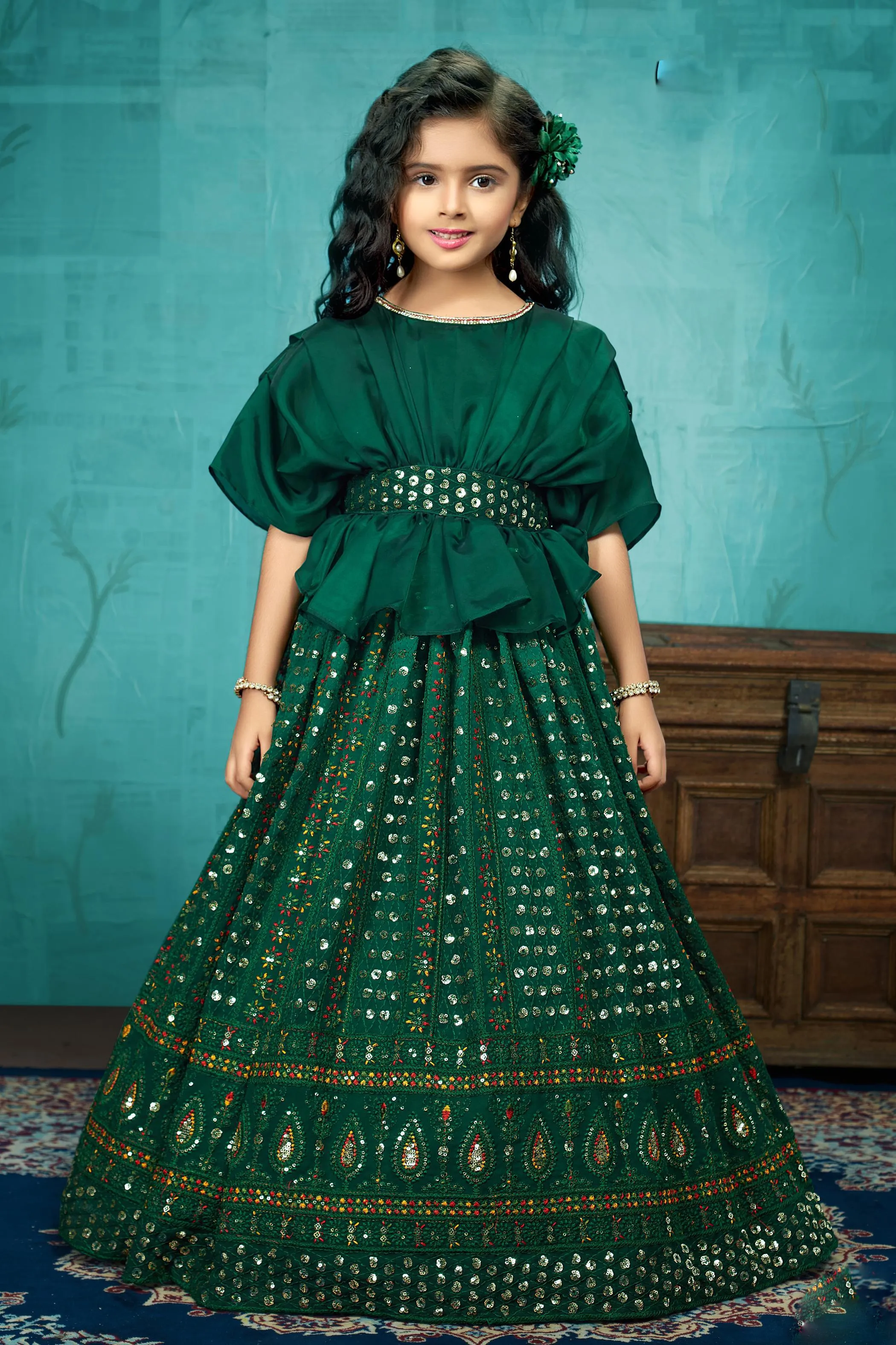 Green Thread, Stone and Sequins work Poncho Style Floor Length Gown for Girls