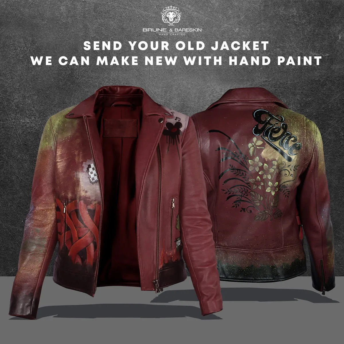 Handpainted Fierce Musical Floral Racing Inspired Women Wine Leather Biker Jacket by Brune & Bareskin