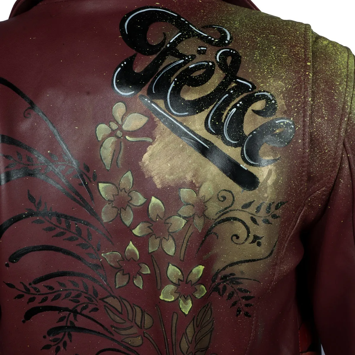 Handpainted Fierce Musical Floral Racing Inspired Women Wine Leather Biker Jacket by Brune & Bareskin