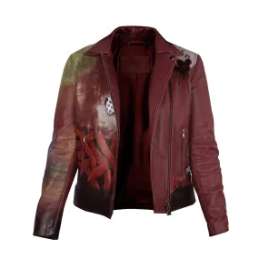 Handpainted Fierce Musical Floral Racing Inspired Women Wine Leather Biker Jacket by Brune & Bareskin