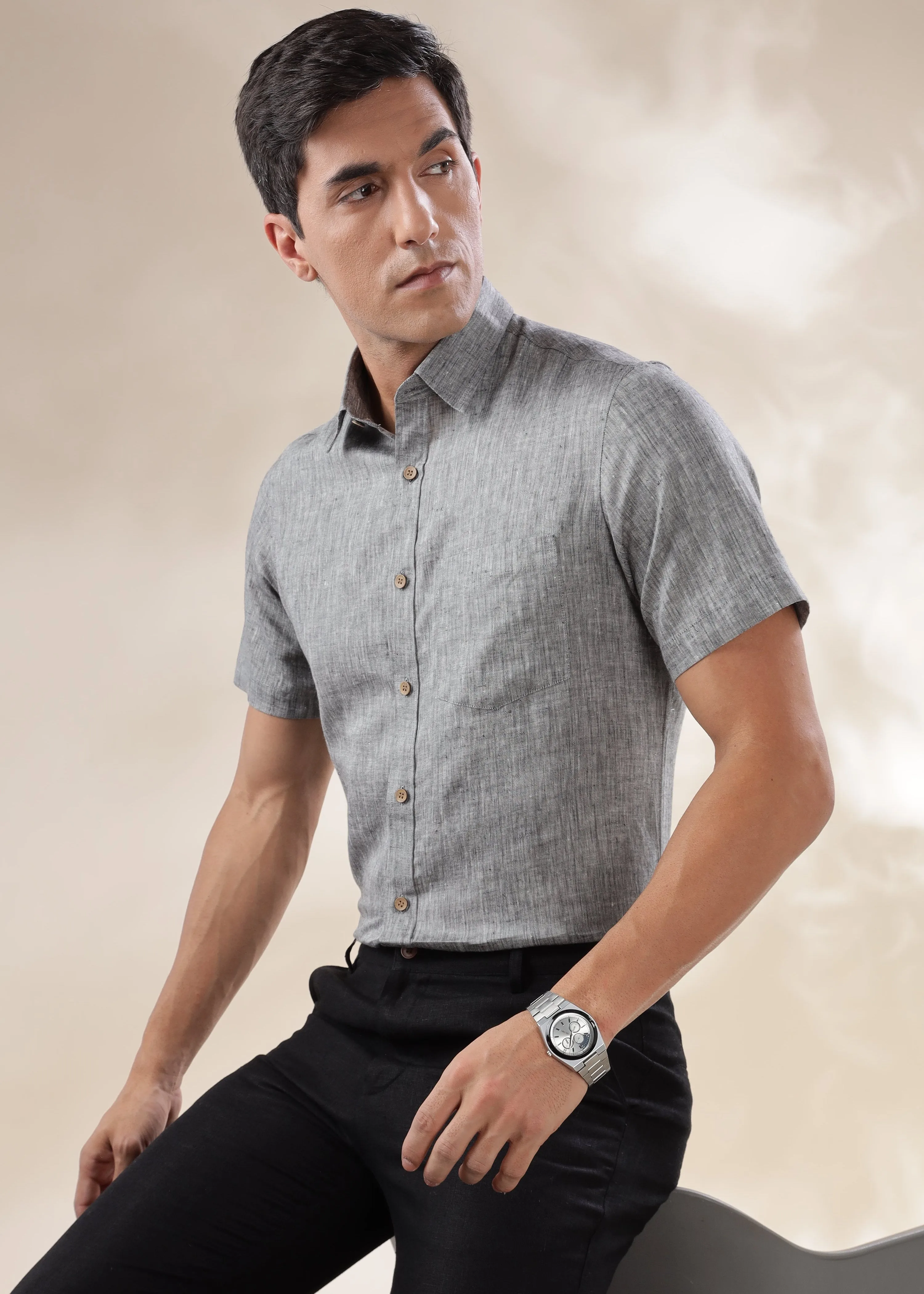 Harvey - Pure Linen Half Sleeve Shirt - Black Chambray