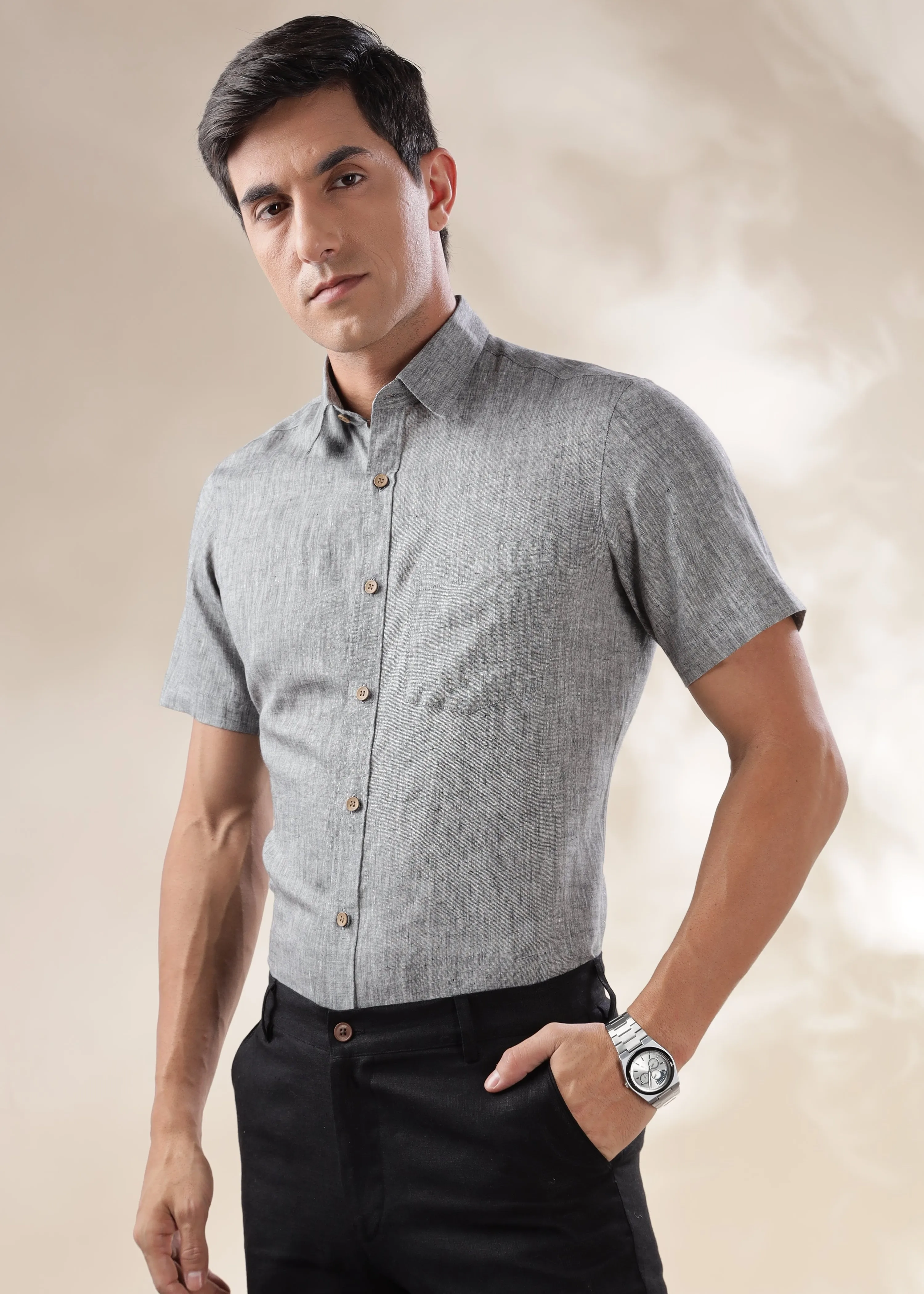 Harvey - Pure Linen Half Sleeve Shirt - Black Chambray