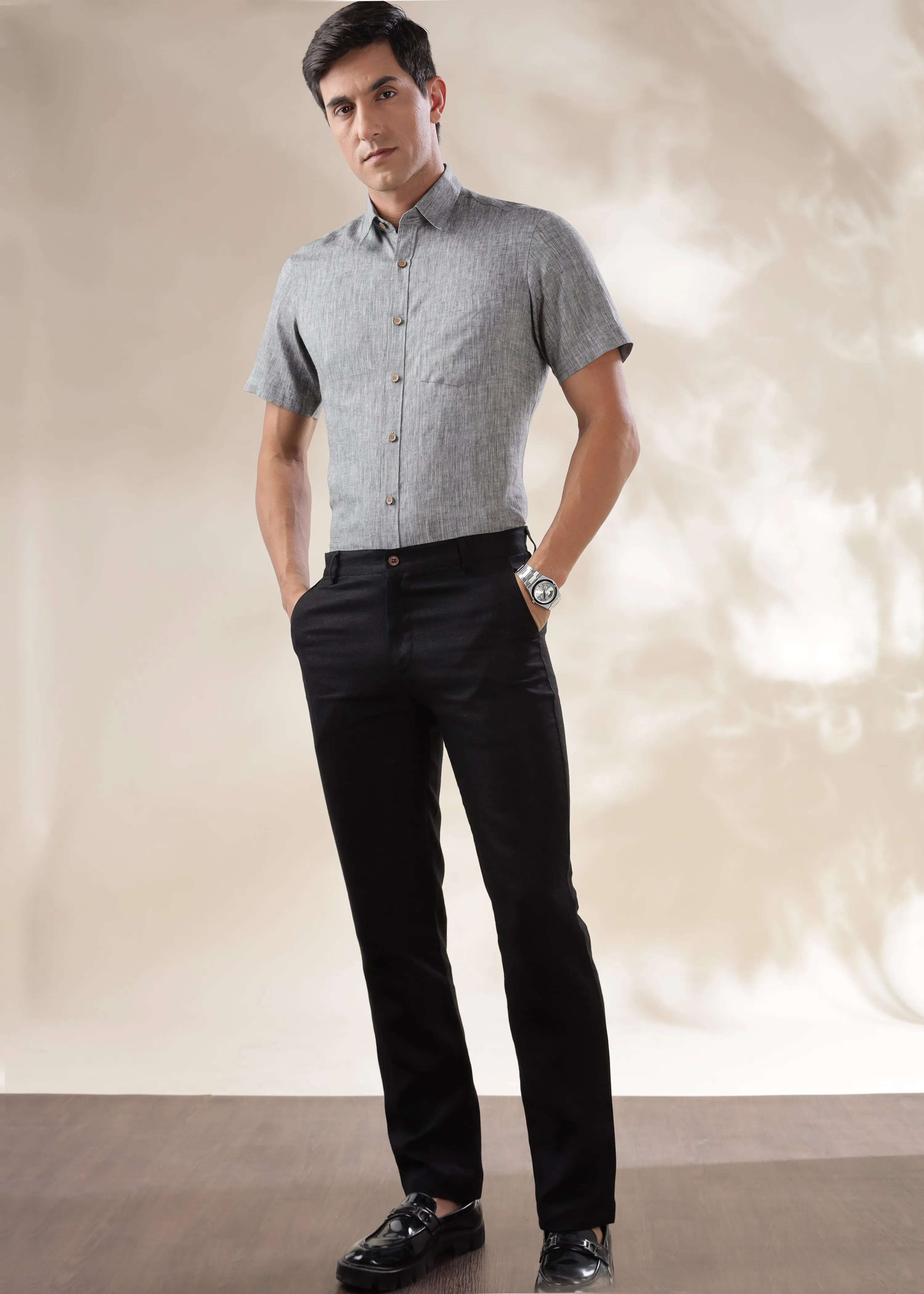 Harvey - Pure Linen Half Sleeve Shirt - Black Chambray