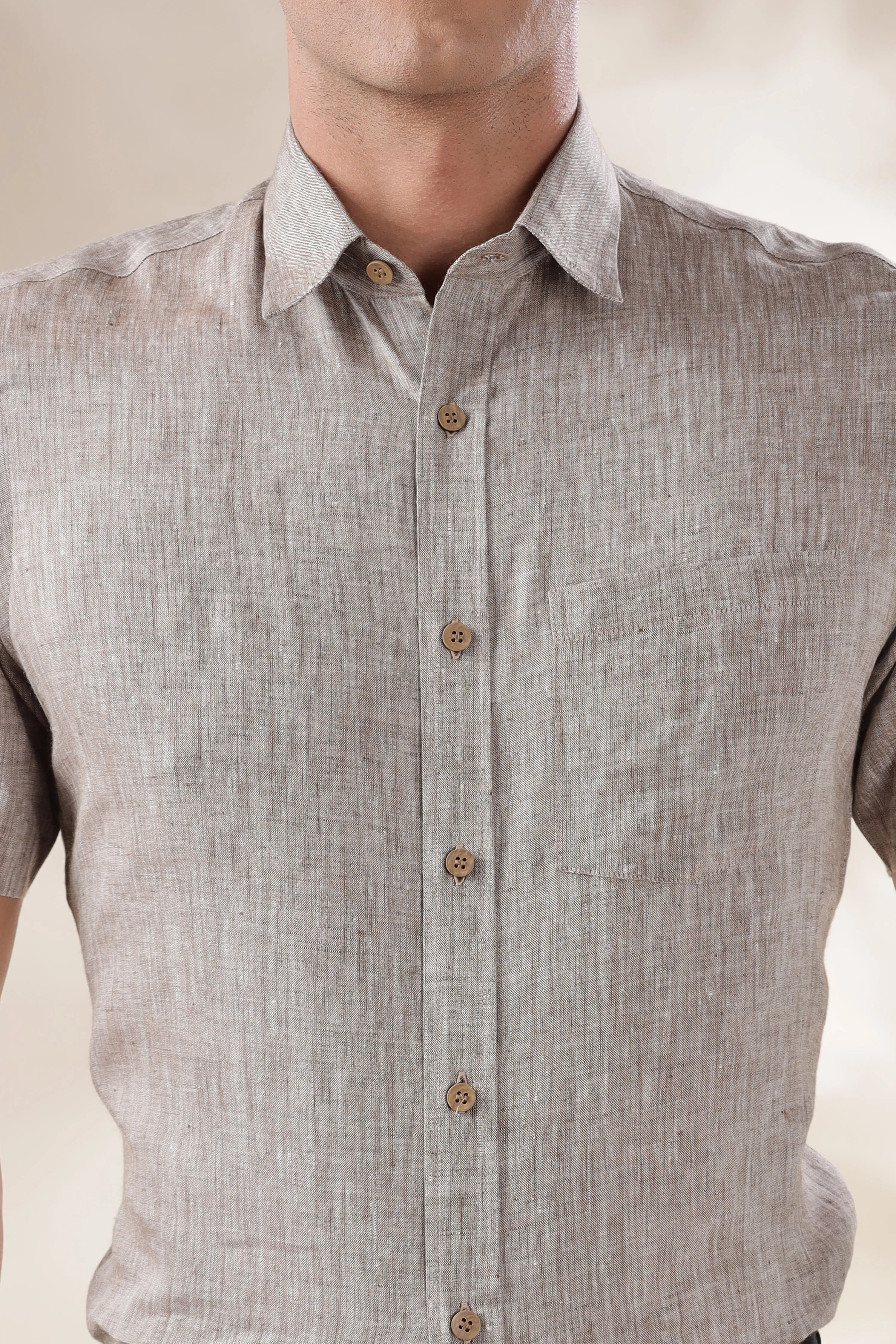 Harvey - Pure Linen Half Sleeve Shirt - Brown Chambray