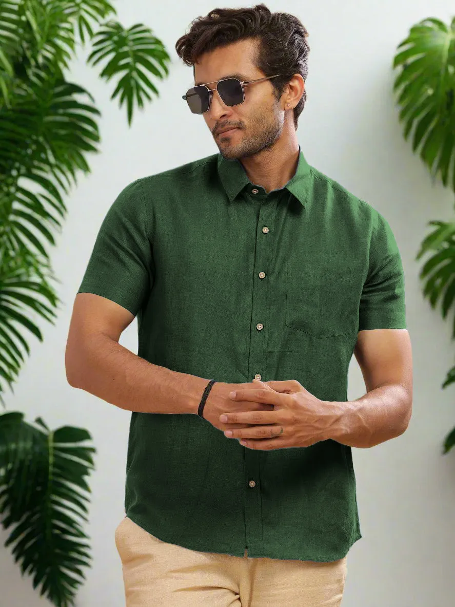 Harvey - Pure Linen Half Sleeve Shirt - Dark Green