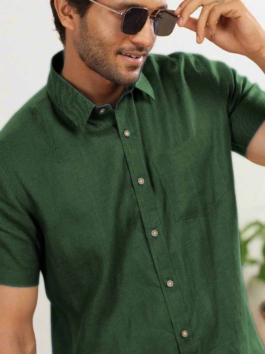 Harvey - Pure Linen Half Sleeve Shirt - Dark Green