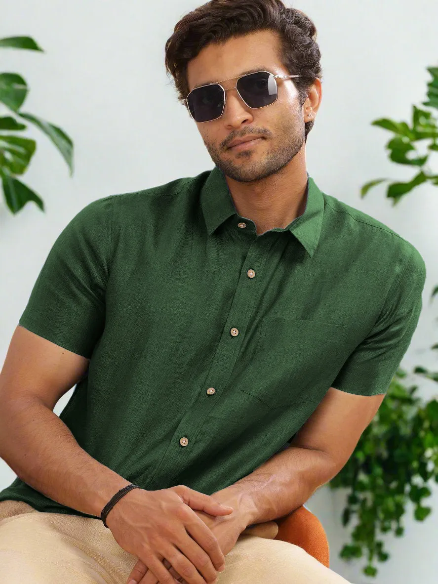 Harvey - Pure Linen Half Sleeve Shirt - Dark Green