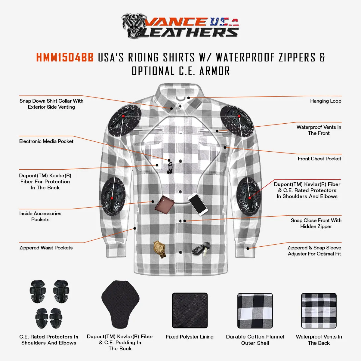 HMM1504GnB Vance Leathers USA’s Riding Shirts with Waterproof Zippers & Optional C.E. Armor