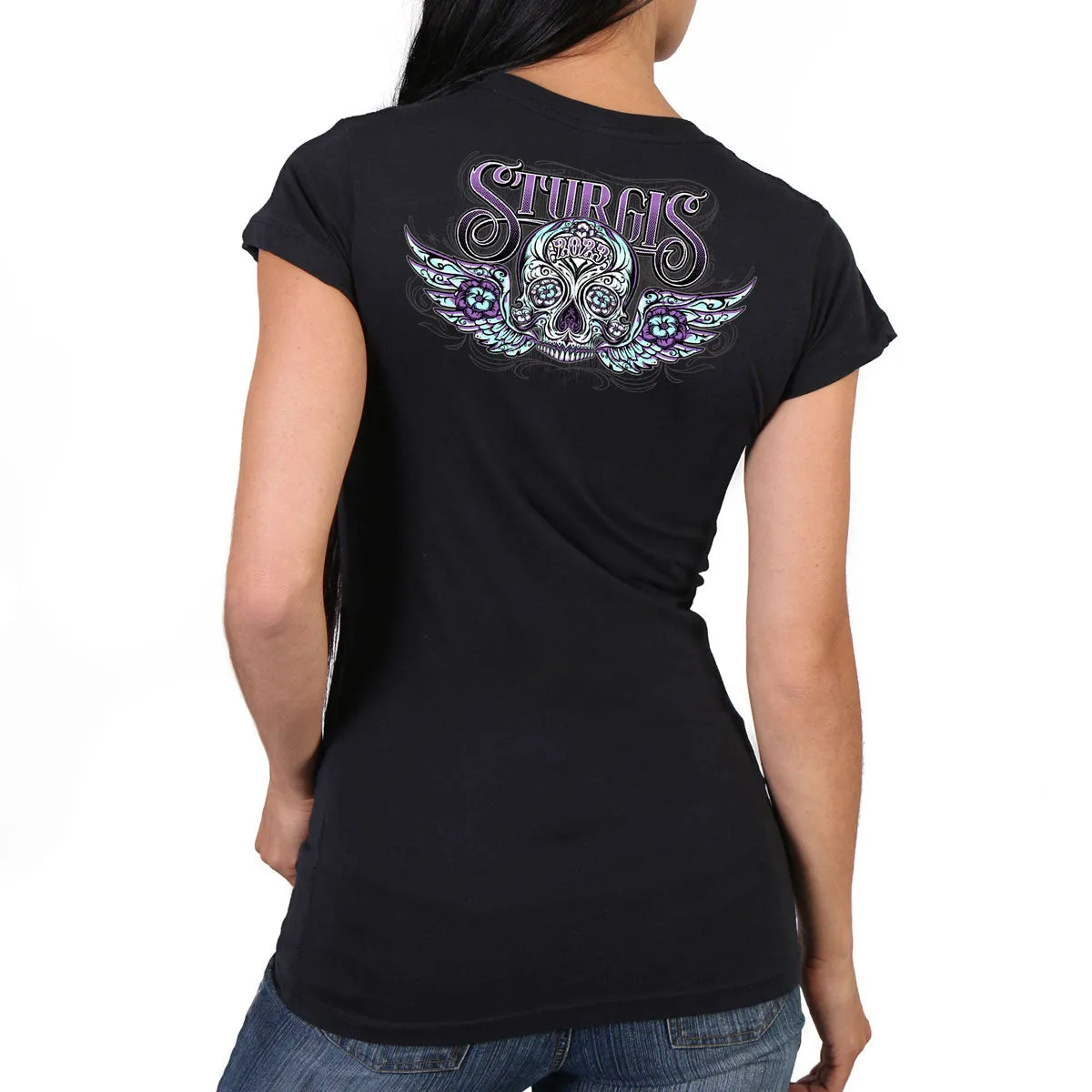 Hot Leathers SPL1827 Women's Black 2023 Sturgis Antique Sugar Skull T-Shirt