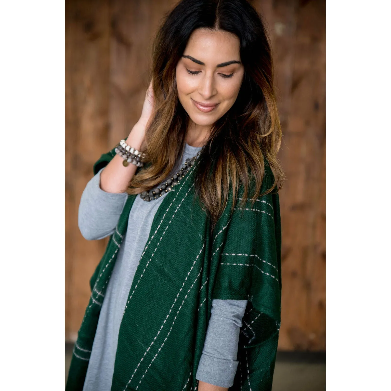 Hunter Green Plaid Fringe Bottom Poncho