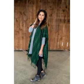 Hunter Green Plaid Fringe Bottom Poncho