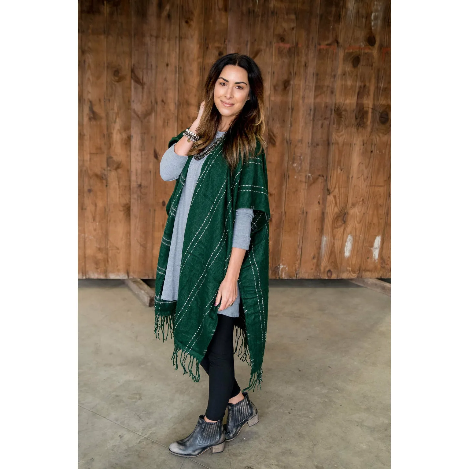 Hunter Green Plaid Fringe Bottom Poncho