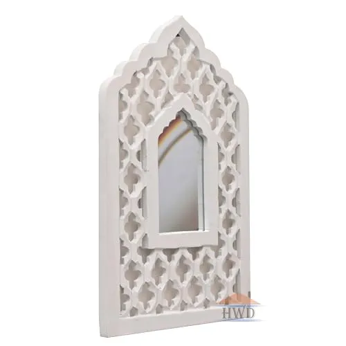 HWD White Painted Wall Hanging Jharokha Inside Mirror, Wooden Wall Hanging, Wooden Wall Panel 16" x 10" Rectangular(Framed) Jharokha