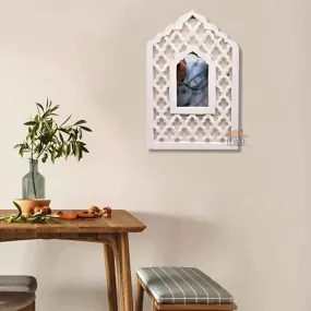 HWD White Painted Wall Hanging Jharokha Inside Mirror, Wooden Wall Hanging, Wooden Wall Panel 16" x 10" Rectangular(Framed) Jharokha