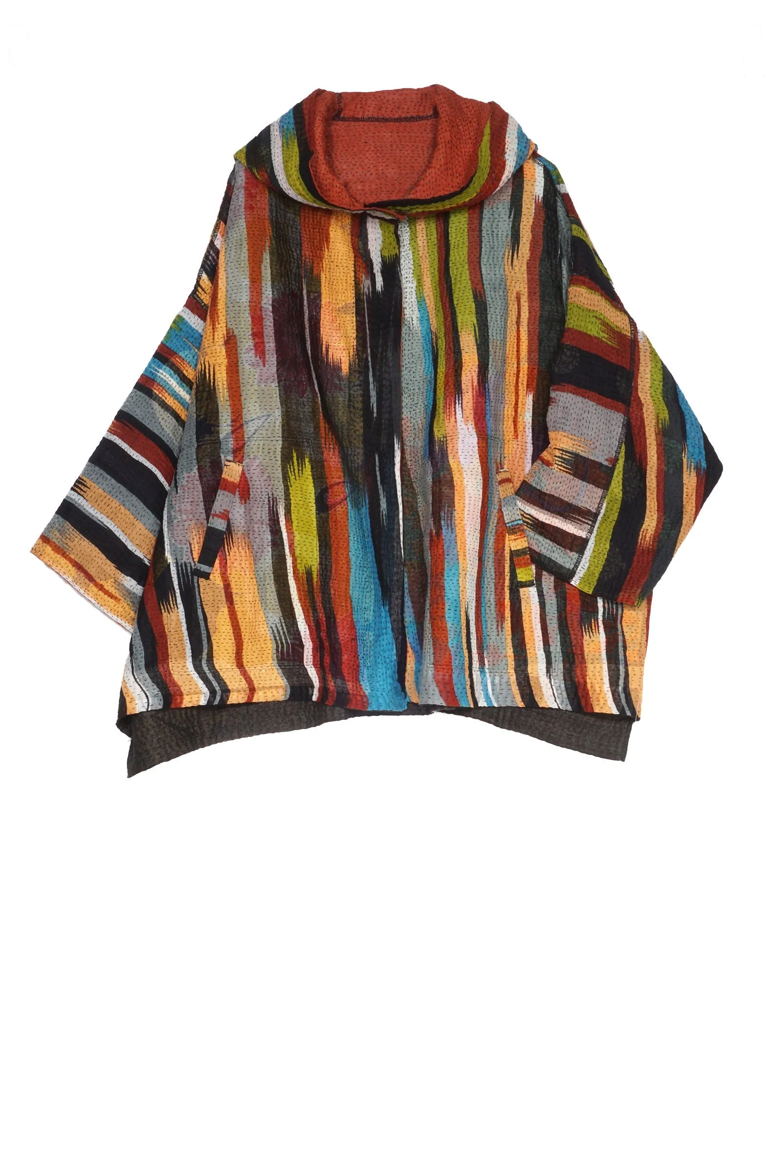 IKAT STRIPE KANTHA HOODIE PONCHO