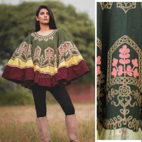 Indiva Cotton Khadi Green & Maroon Poncho