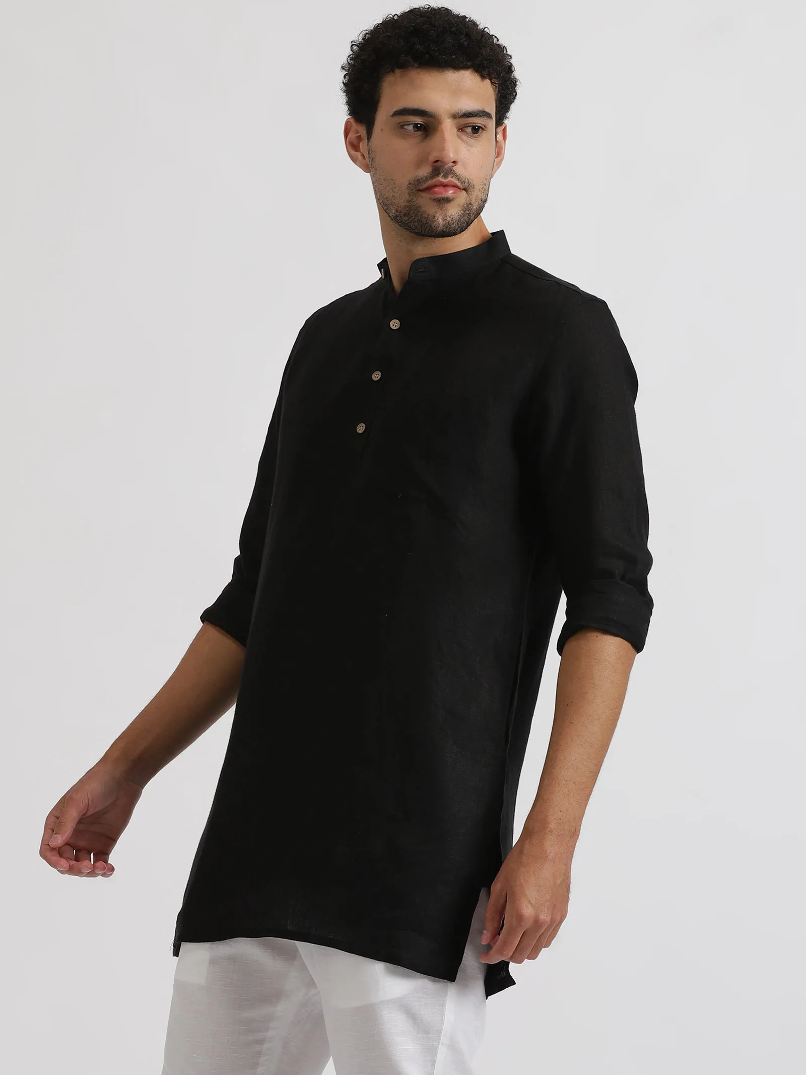 Jace - Full Sleeve Mandarin Collar Pure Linen Short Kurta - Black