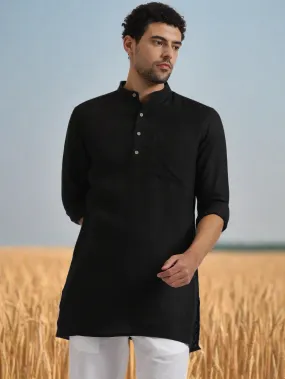 Jace - Full Sleeve Mandarin Collar Pure Linen Short Kurta - Black