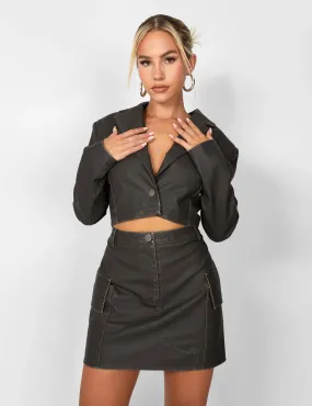 Kaiia Distressed Leather Look Cropped Blazer Co-ord in Brown