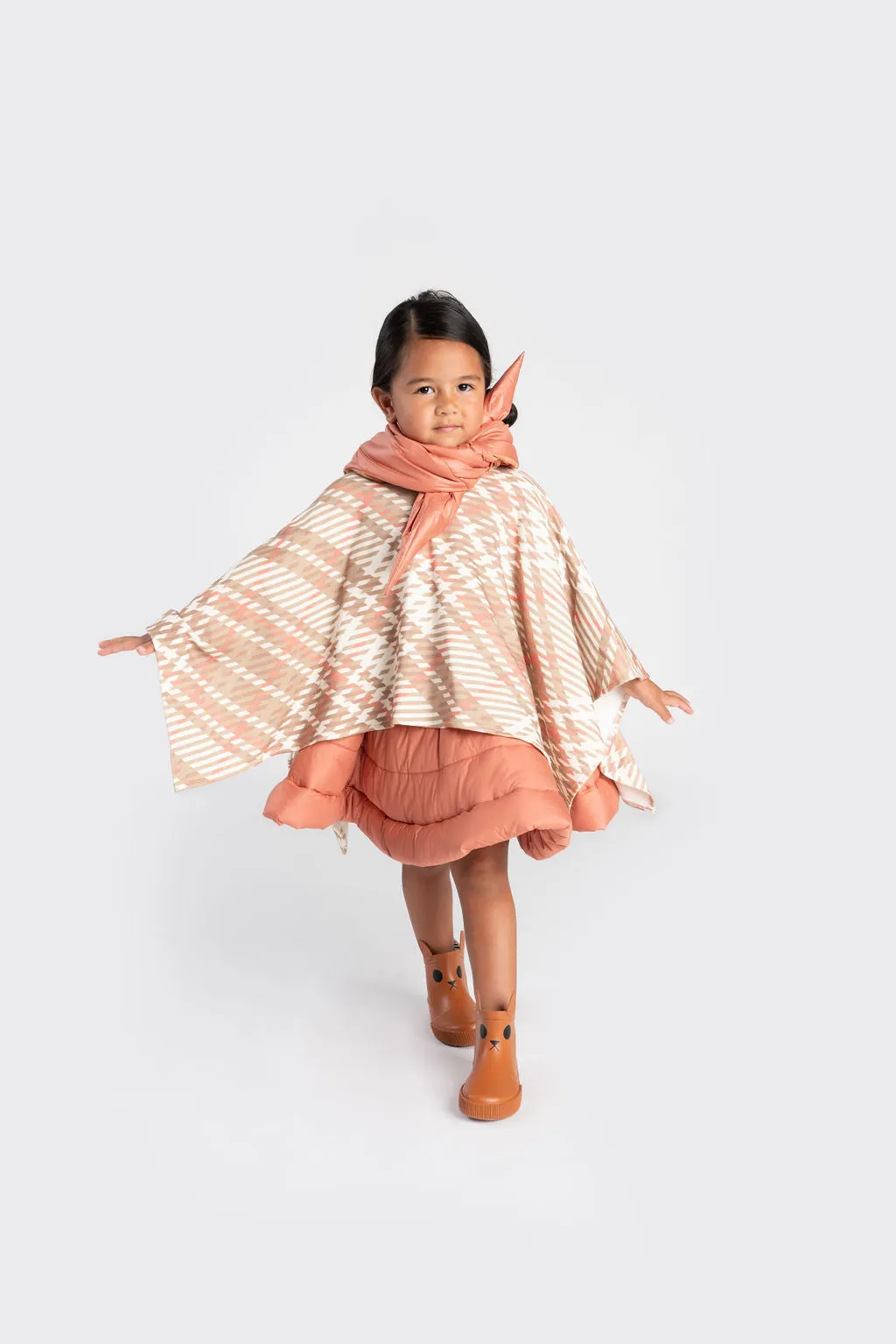 Kids Plaid Blanket Poncho | Beige