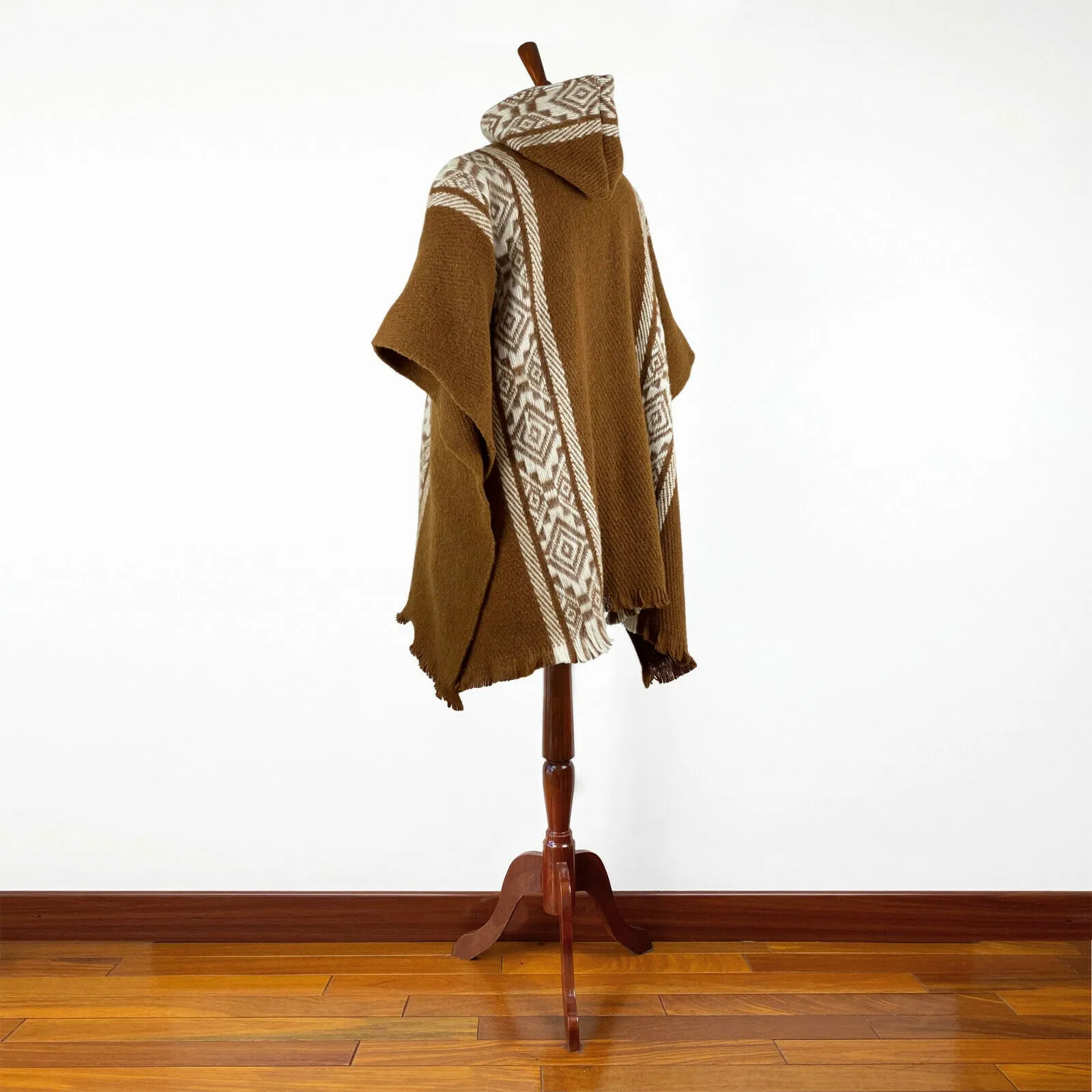 Kunki - Llama Wool Unisex South American Handwoven Hooded Poncho - brown with diamonds pattern