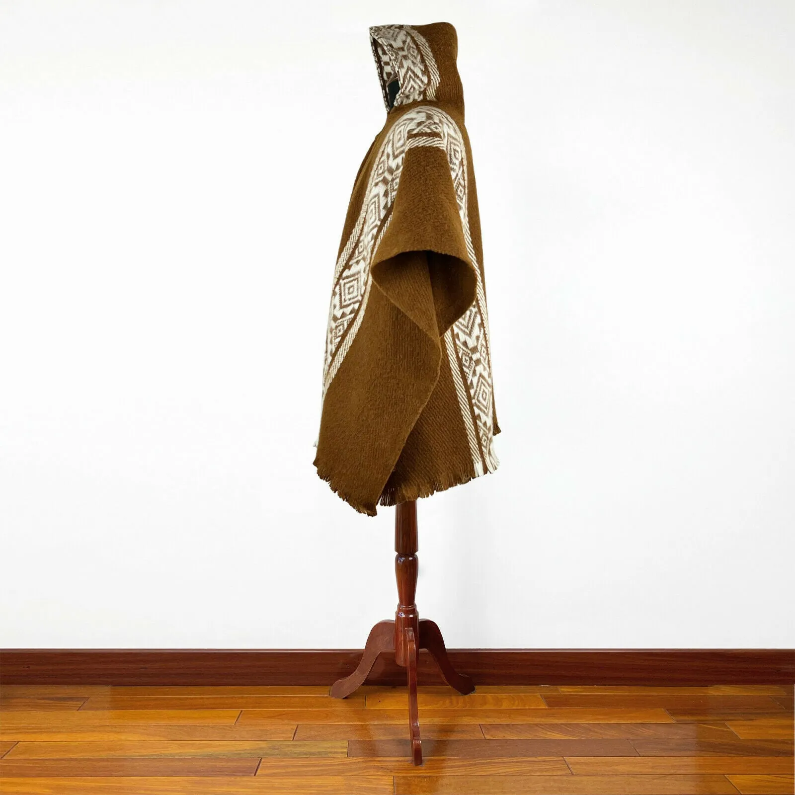 Kunki - Llama Wool Unisex South American Handwoven Hooded Poncho - brown with diamonds pattern