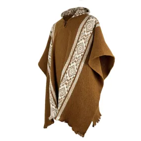 Kunki - Llama Wool Unisex South American Handwoven Hooded Poncho - brown with diamonds pattern