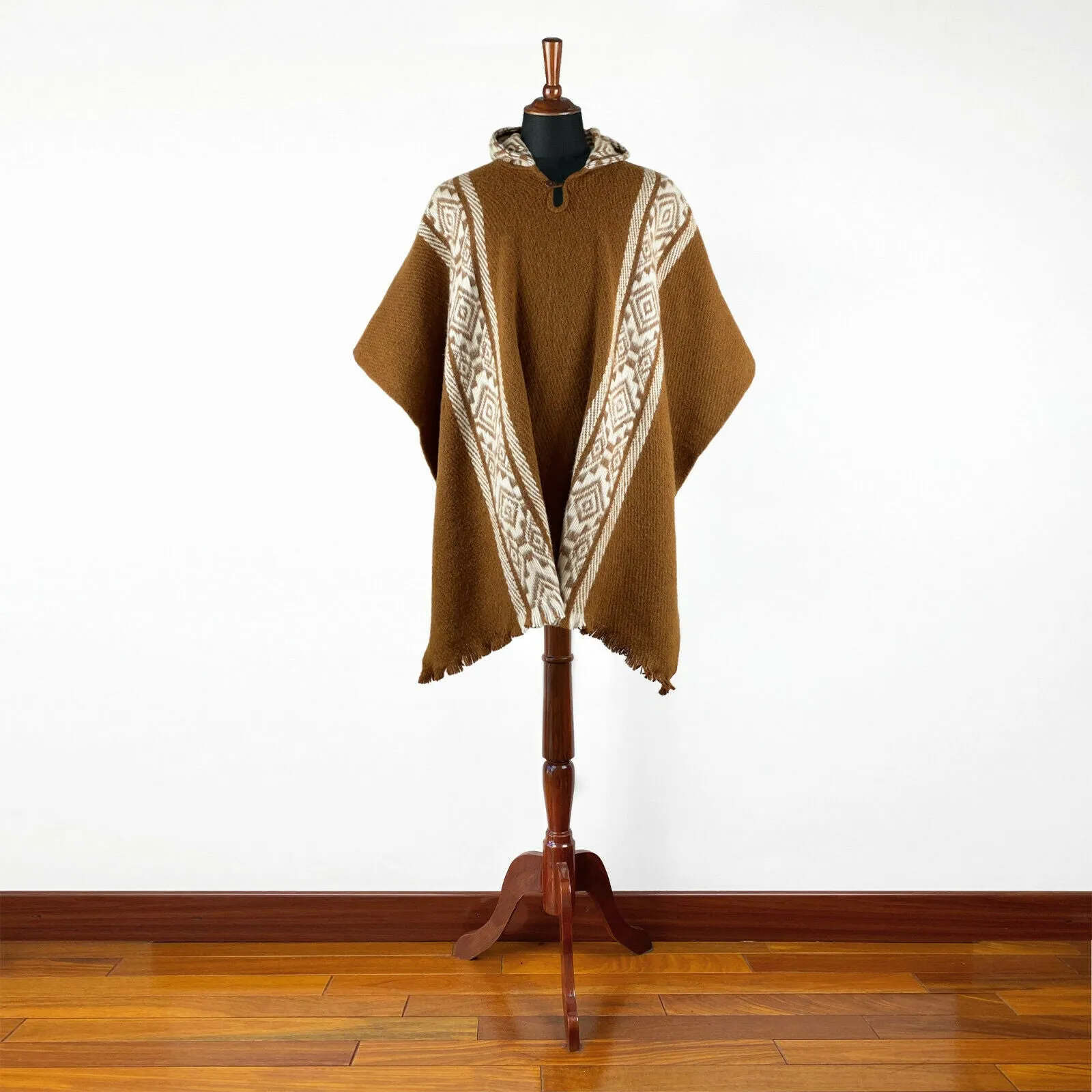 Kunki - Llama Wool Unisex South American Handwoven Hooded Poncho - brown with diamonds pattern