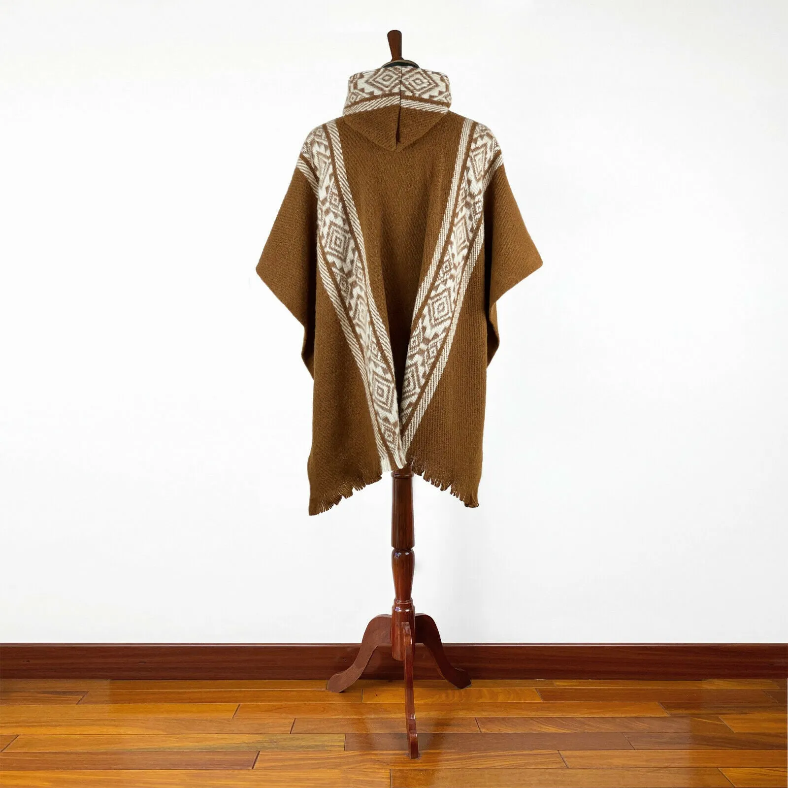 Kunki - Llama Wool Unisex South American Handwoven Hooded Poncho - brown with diamonds pattern