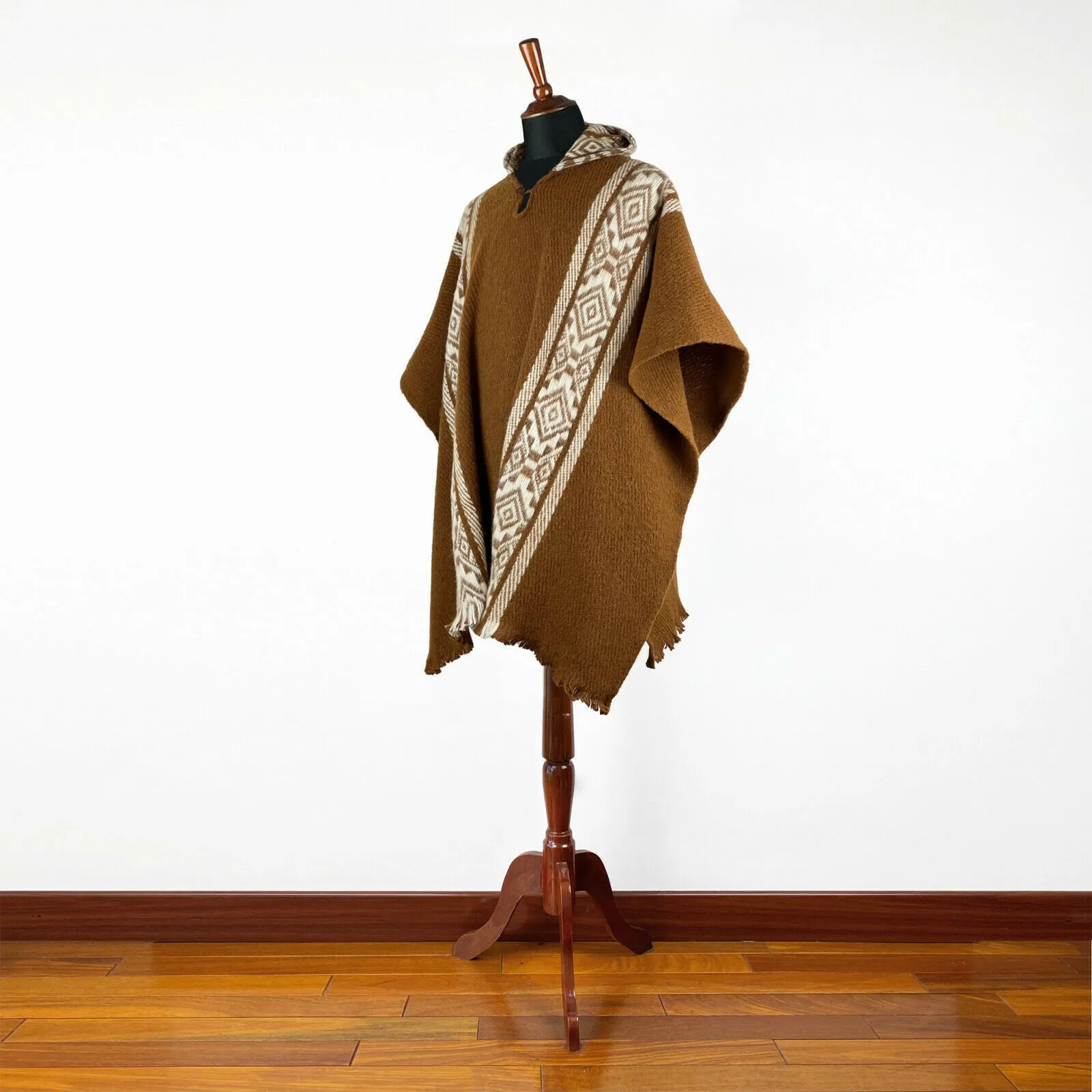 Kunki - Llama Wool Unisex South American Handwoven Hooded Poncho - brown with diamonds pattern