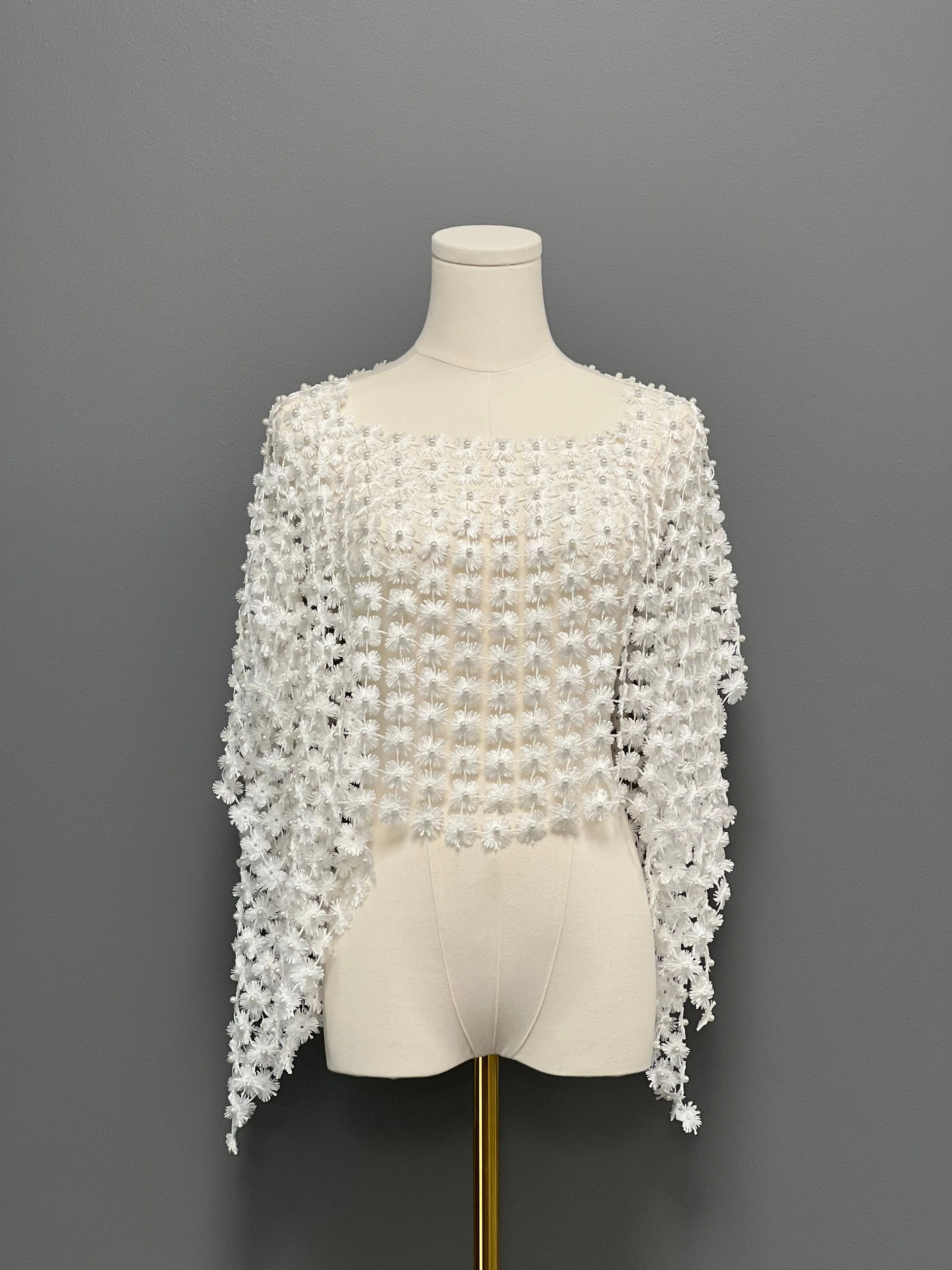 Lace Poncho with all over Pearls attached  (White)