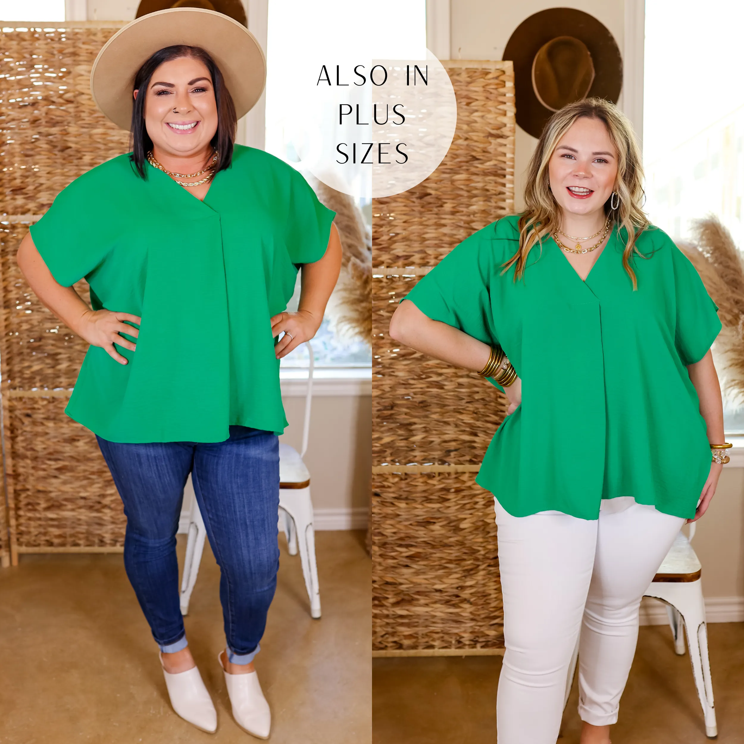 Last Chance Size Medium & 1XL | Weekend Out V Neck Placket Short Sleeve Top in Green