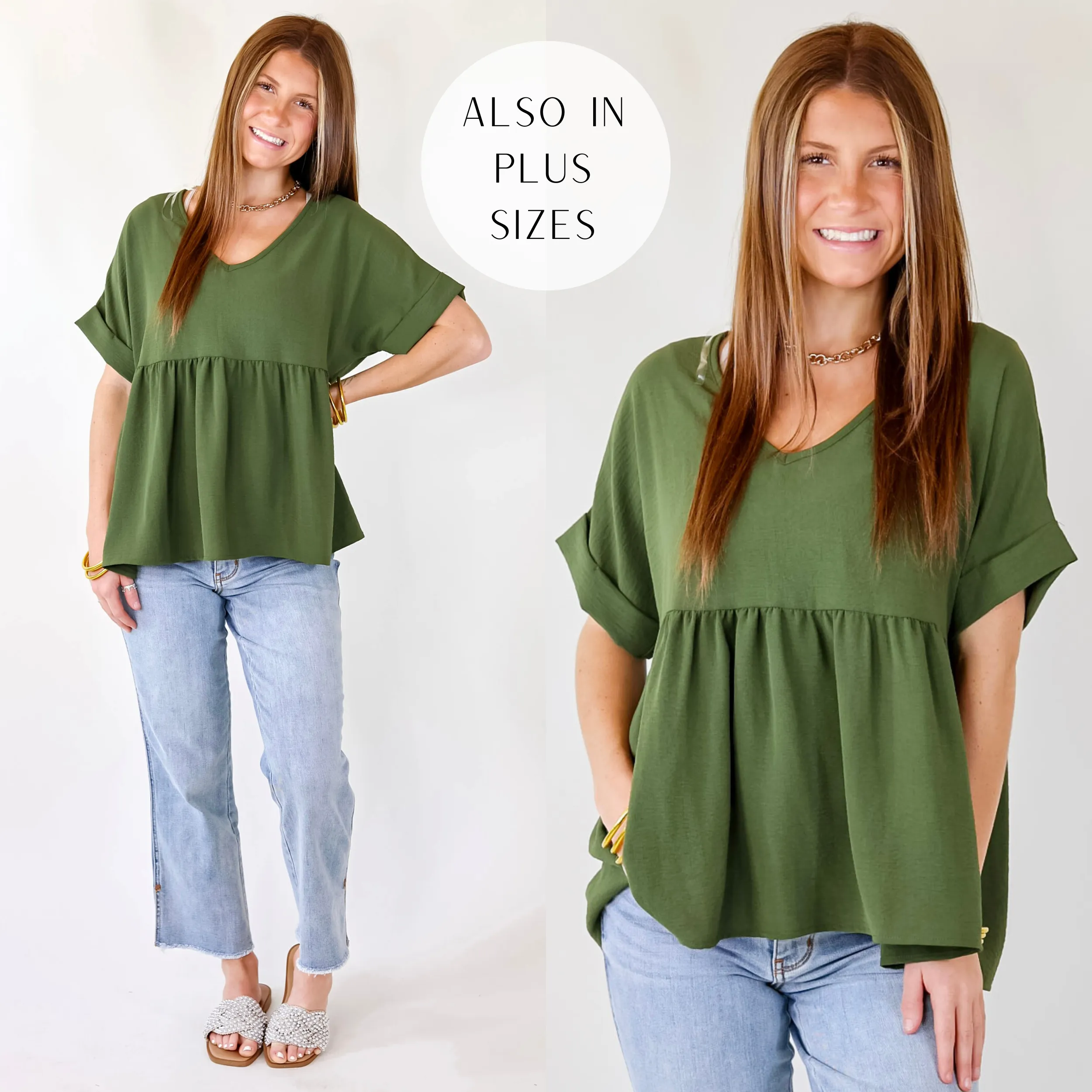 Last Chance Size Small | Touring the City Short Sleeve V Neck Babydoll Top in Olive Green