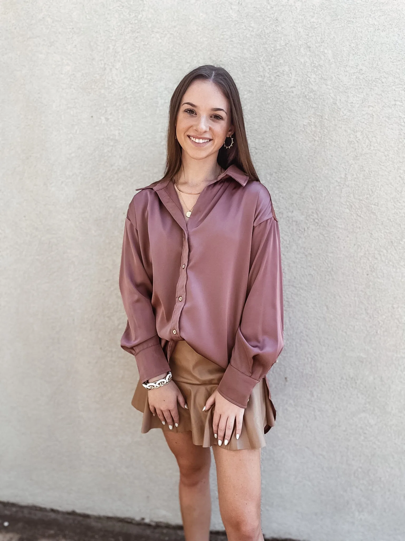 Last Chance Size XL | Tell Me Something Good Long Sleeve Button Up Top in Dark Mauve