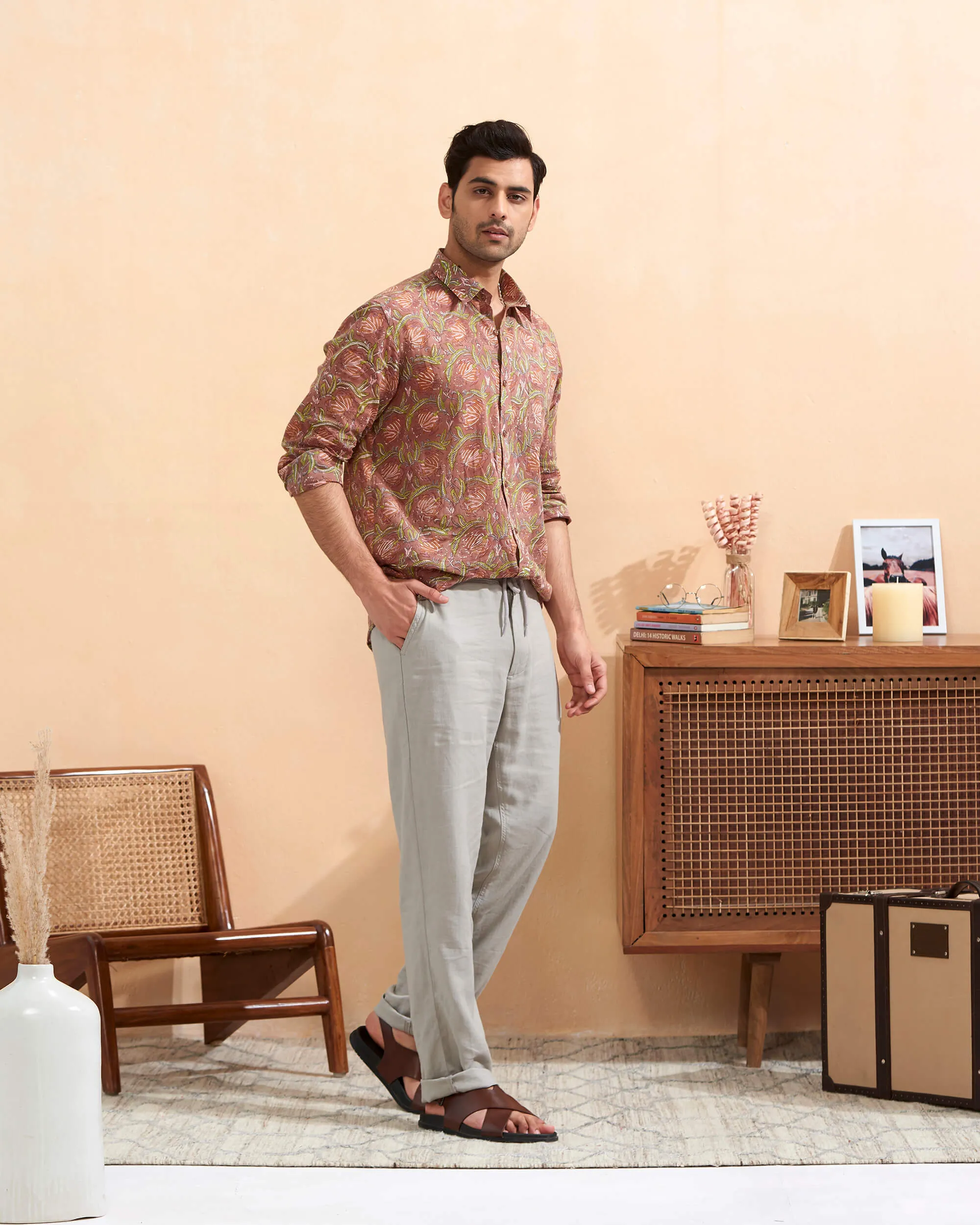 Light Brown Full Sleeve Hand Block Printed Shirt