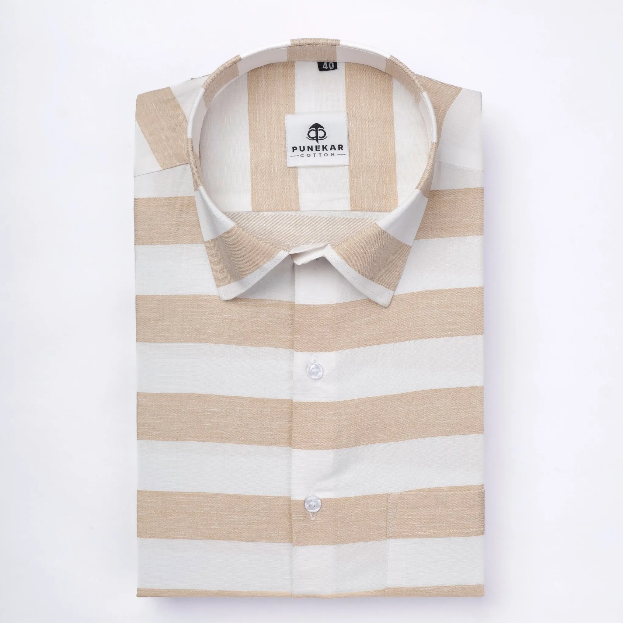 Light Tan Color Cotton Stripe Shirt For Men