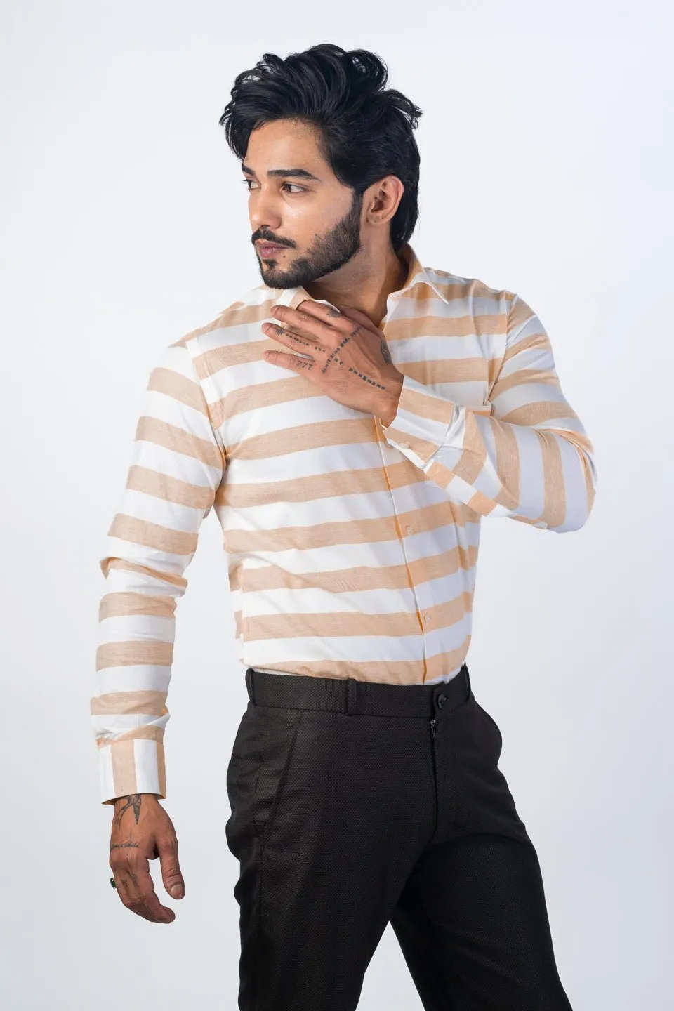 Light Tan Color Cotton Stripe Shirt For Men