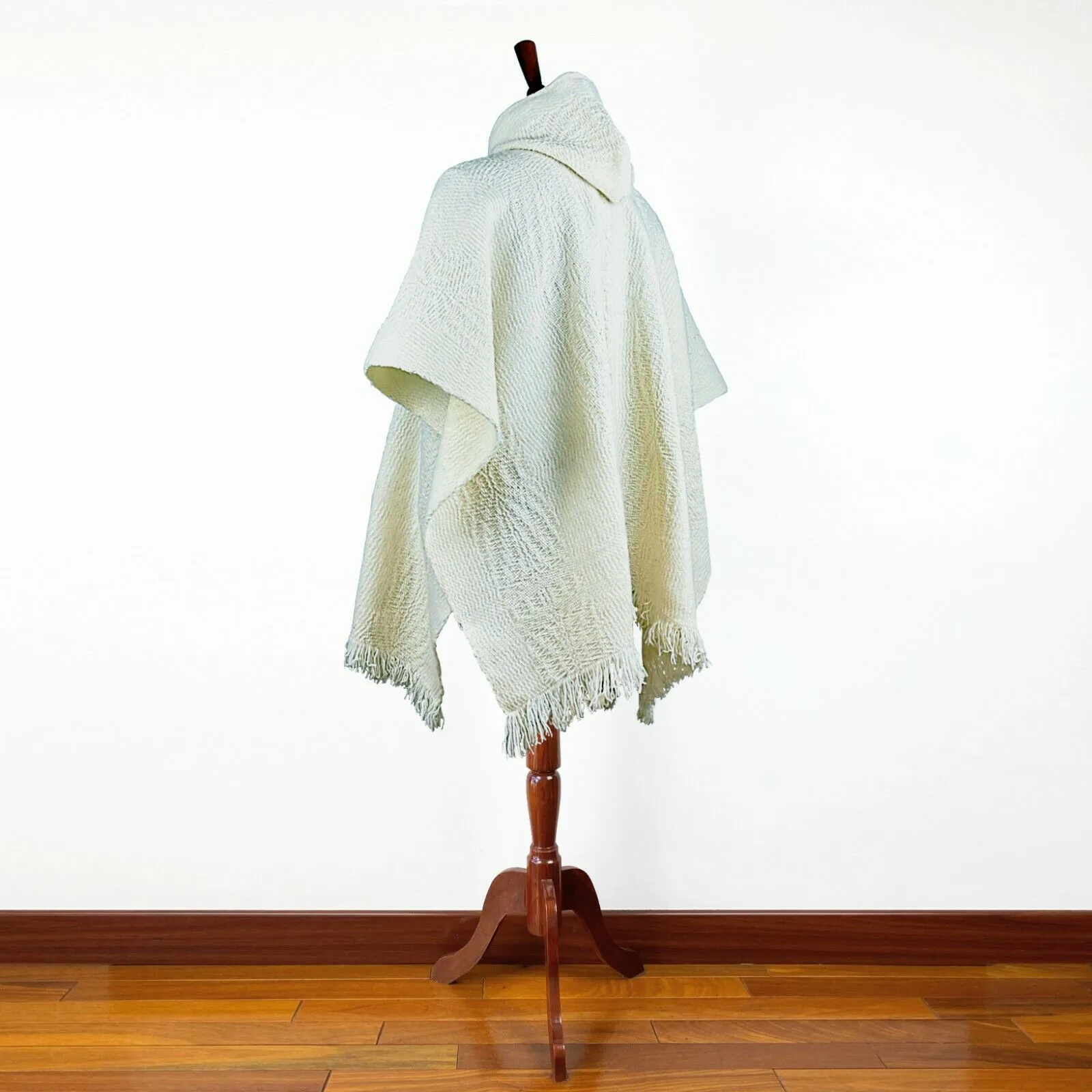 Llama Wool Unisex Handwoven Hooded Poncho - wavy striped white pattern - pocket